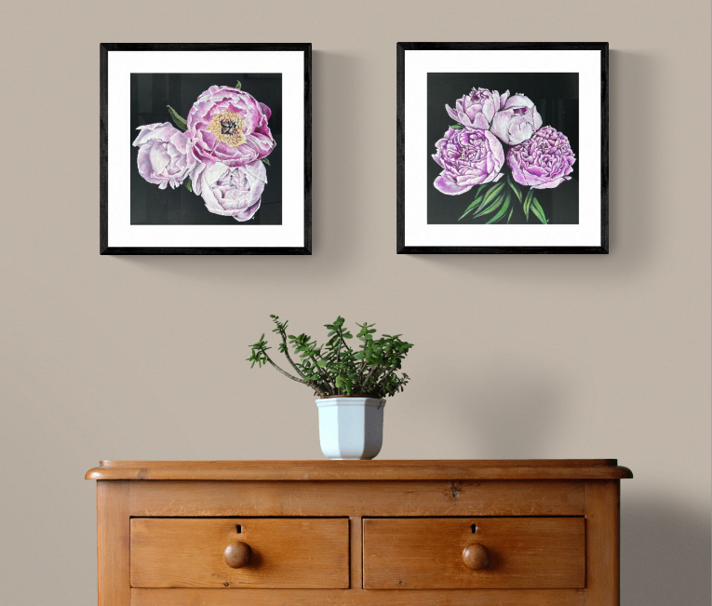 Fine Art Prints "Peaceful Peonies" by Dawn Victoria, Pink and White Peonies painting with Gold stamens, Peony art for Flower lovers