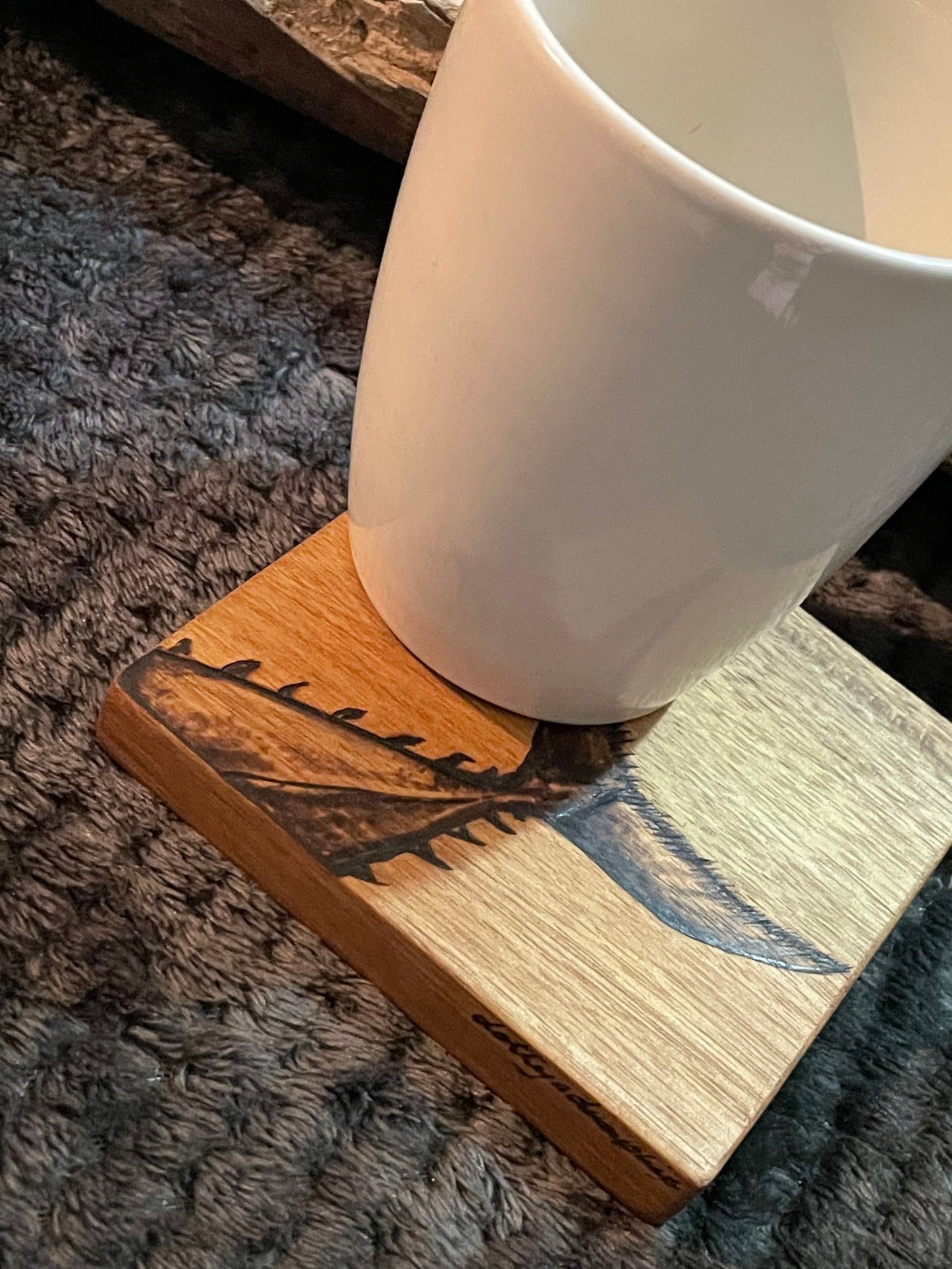 Fishing gift, solid Acacia coaster, Bluefin Tuna tail design hand drawn in Pyrography, nautical sea life, gift for him, Tuna