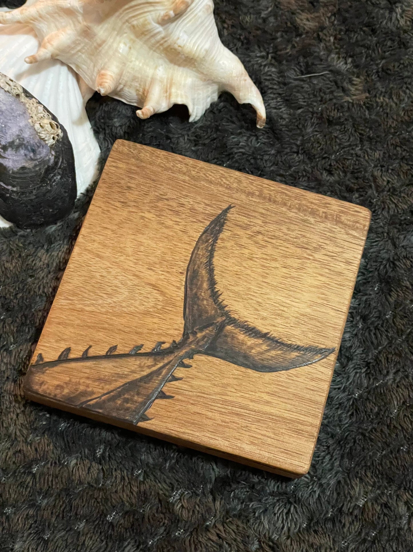 Fishing gift, solid Acacia coaster, Bluefin Tuna tail design hand drawn in Pyrography, nautical sea life, gift for him, Tuna