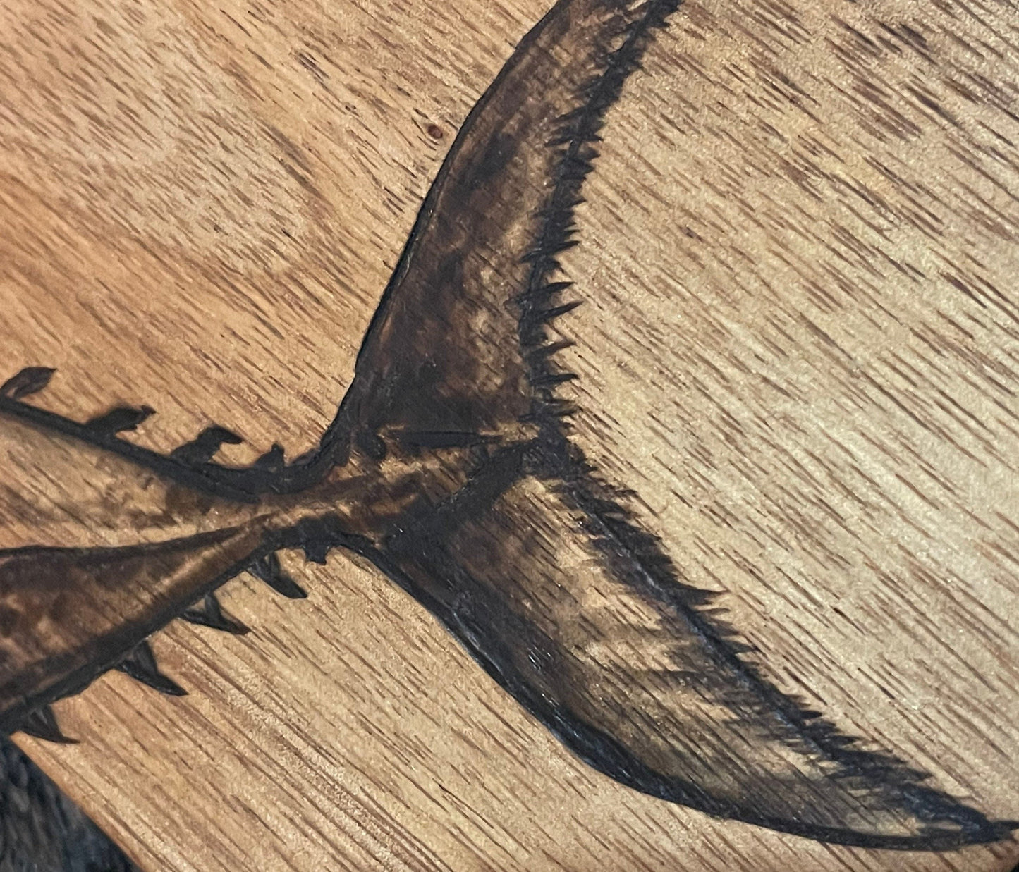 Fishing gift, solid Acacia coaster, Bluefin Tuna tail design hand drawn in Pyrography, nautical sea life, gift for him, Tuna