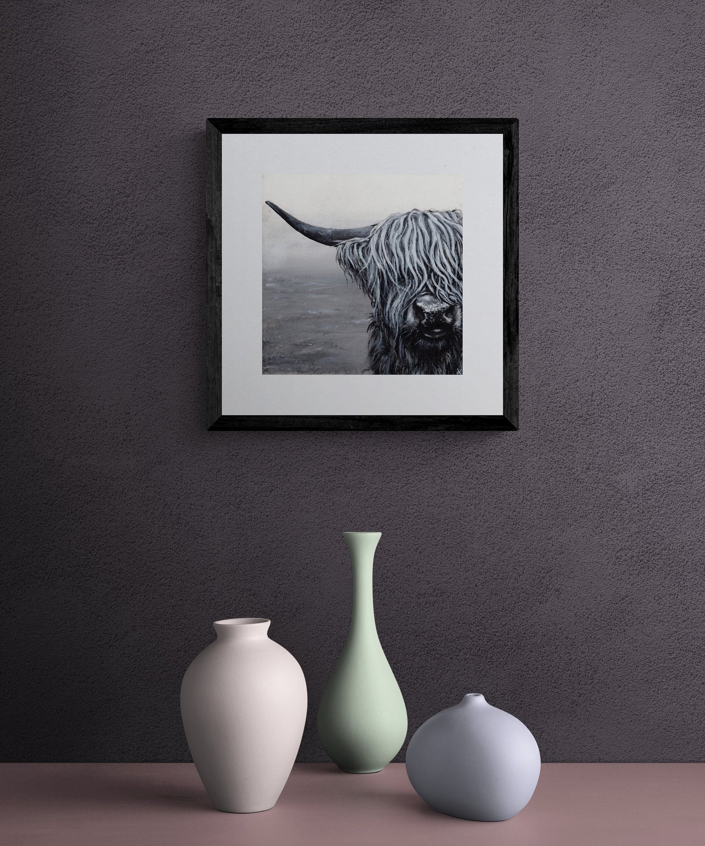 Highland Cow Square Art Prints, "Martha" painting by Cornwall Artist, Black and White Highland Cattle Lovers, Highland Coos, Gallery wall