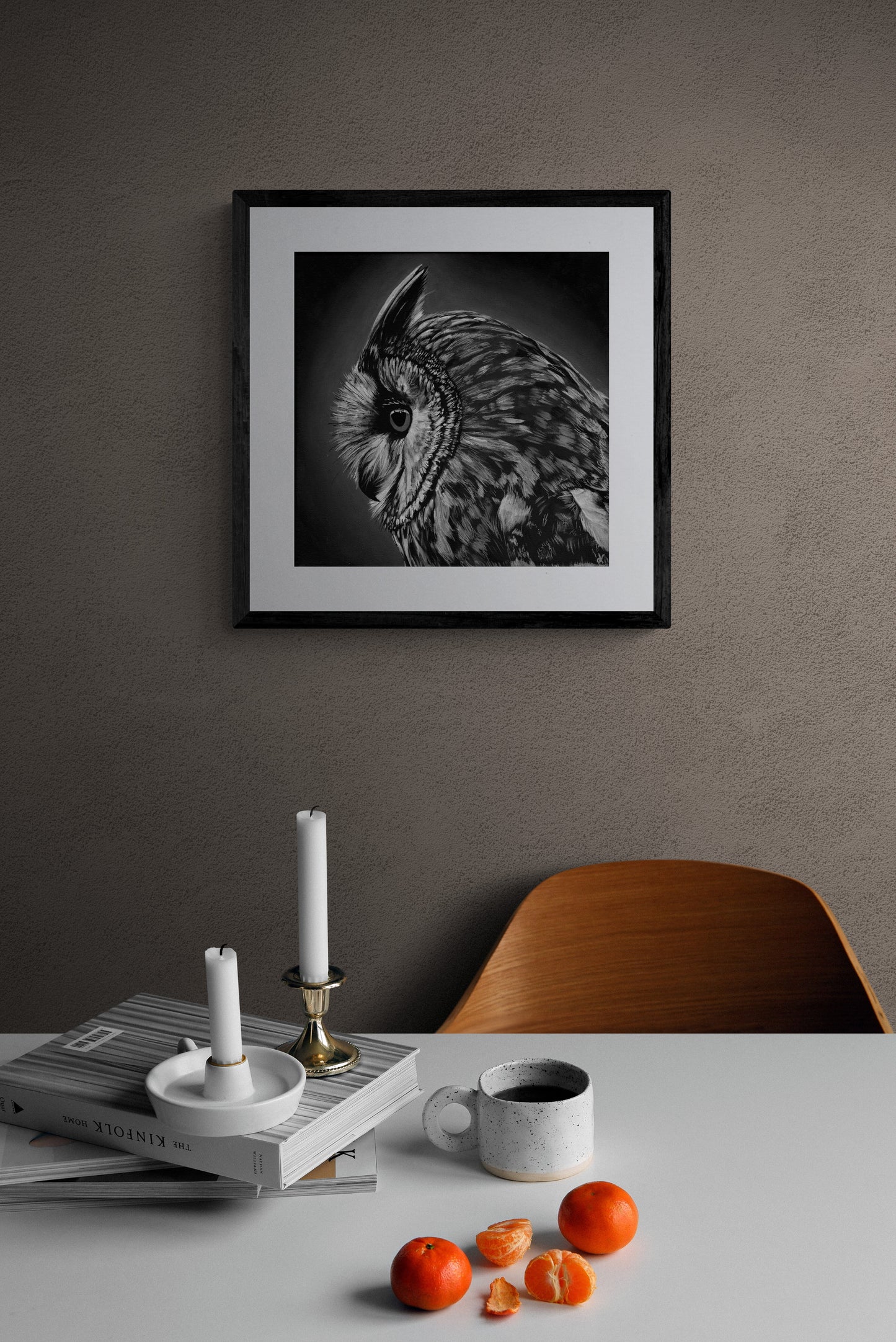 Fine Art Prints "Owlbert" Black & White Long eared Owl painting by Dawn Victoria, side profile Owls eye, birds of prey closeup art