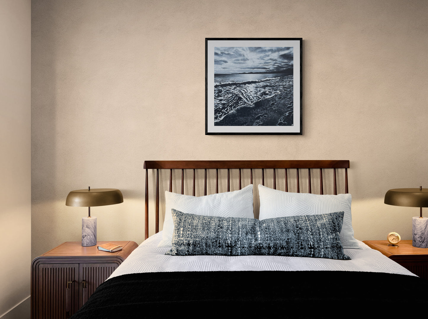 Fine Art Prints "When Your Day is Long" High contrast Beach Seascape painting, cloudy sky and atmospheric shadows, footprints in the sand