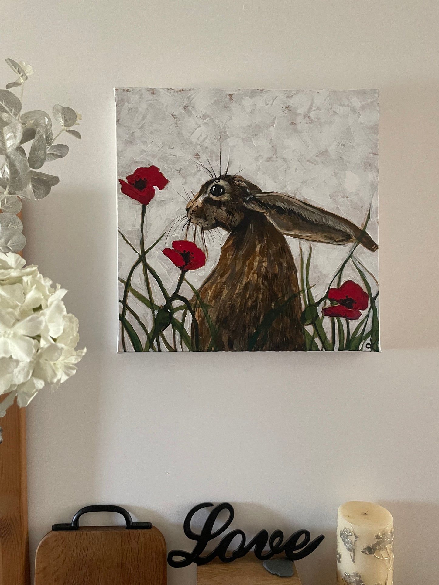 Original Artwork "Hoppy in the Poppies" Acrylic Hare painting on 40 x 40 cm canvas