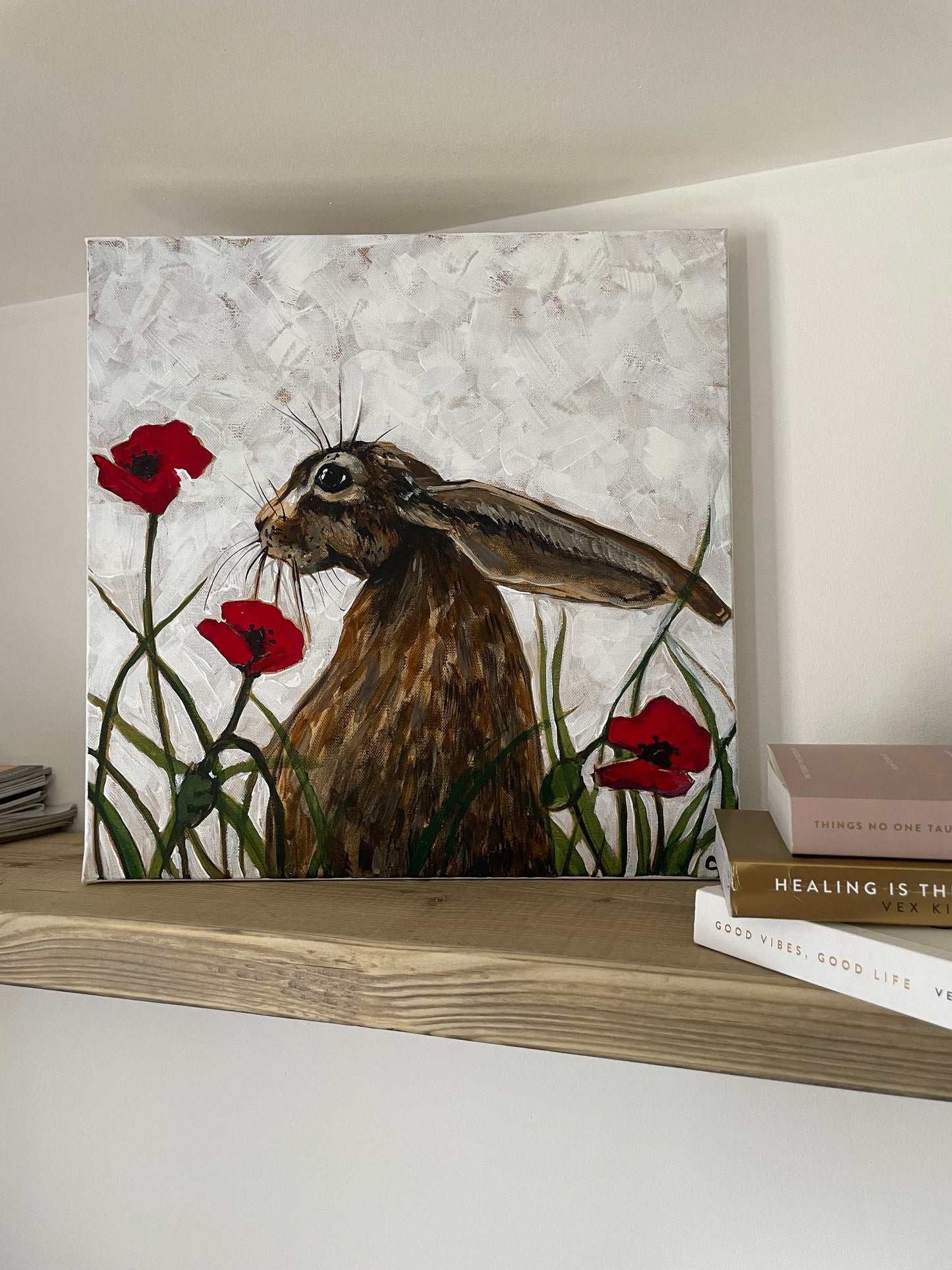 Original Artwork "Hoppy in the Poppies" Acrylic Hare painting on 40 x 40 cm canvas