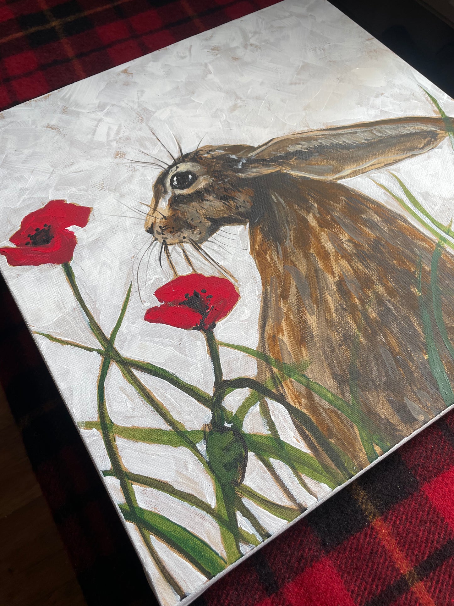 Original Artwork "Hoppy in the Poppies" Acrylic Hare painting on 40 x 40 cm canvas