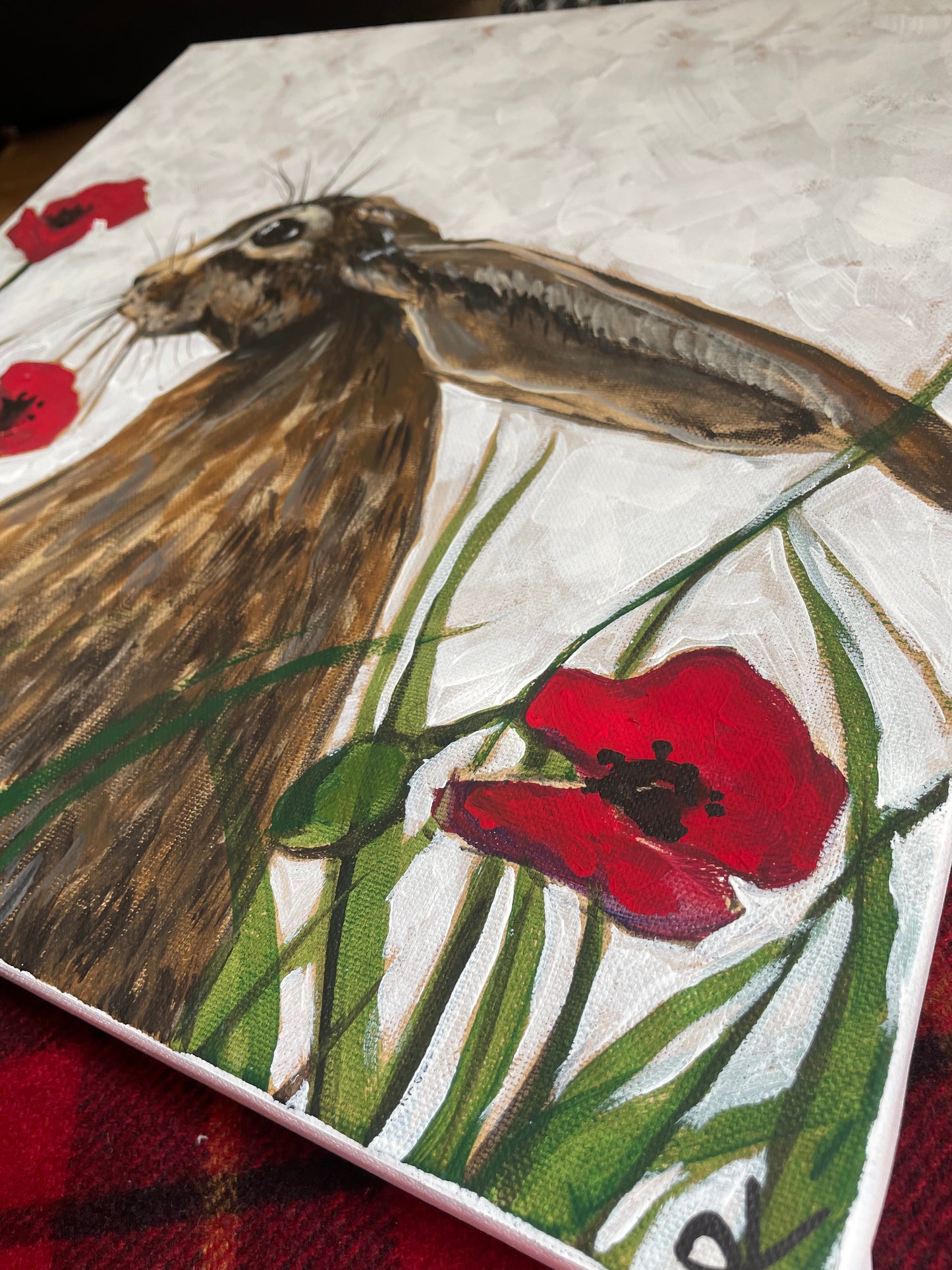 Original Artwork "Hoppy in the Poppies" Acrylic Hare painting on 40 x 40 cm canvas