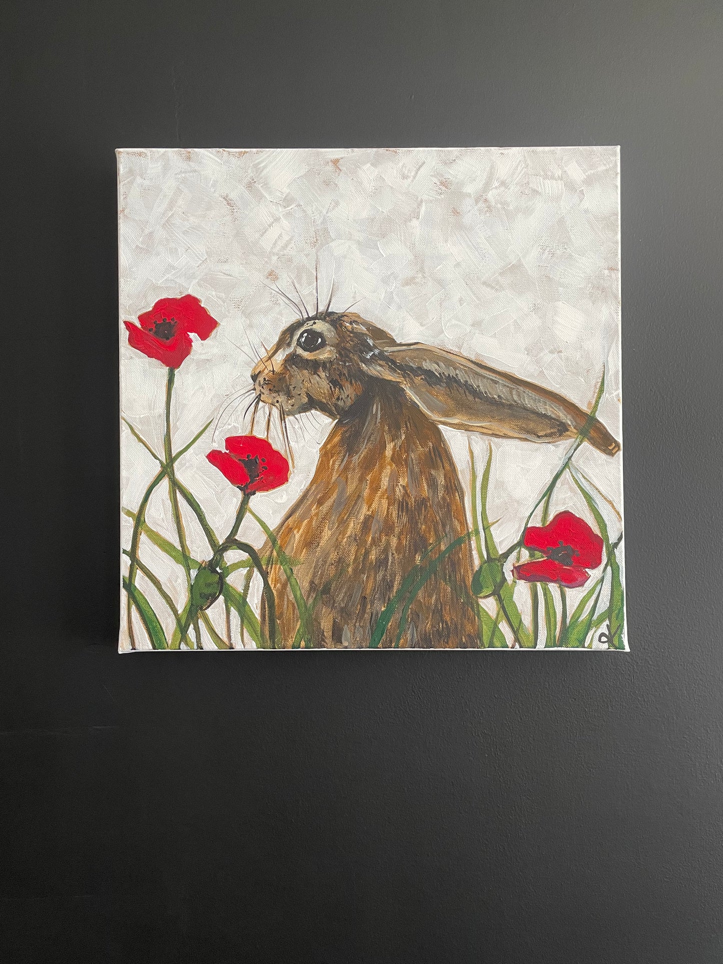 Original Artwork "Hoppy in the Poppies" Acrylic Hare painting on 40 x 40 cm canvas