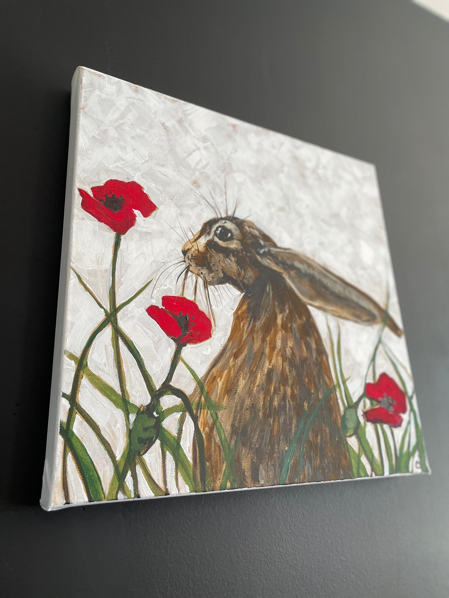 Fine Art Prints, "Hoppy in the Poppies" Summertime Hare hopping around in red poppies and wild flowers art prints