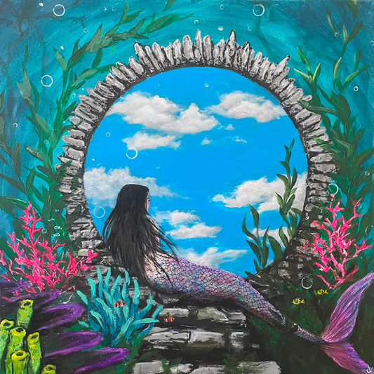 Fine Art Prints, "Another World" Mermaid sat looking through a portal at the clouds in another world