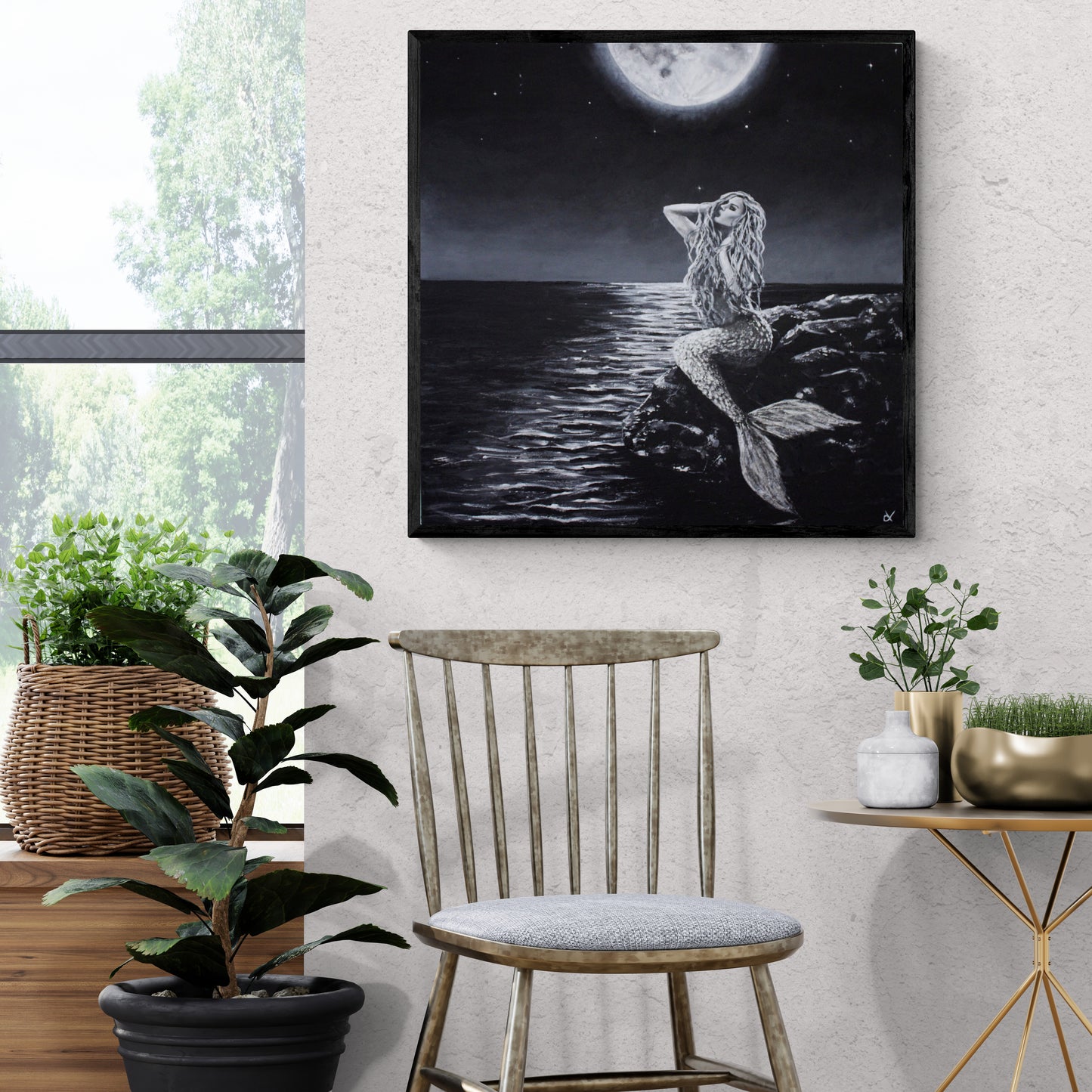 Fine Art Prints, "Believe" Female mermaid figure posed on rocks under moonlit sky, powerful mindfulness art prints