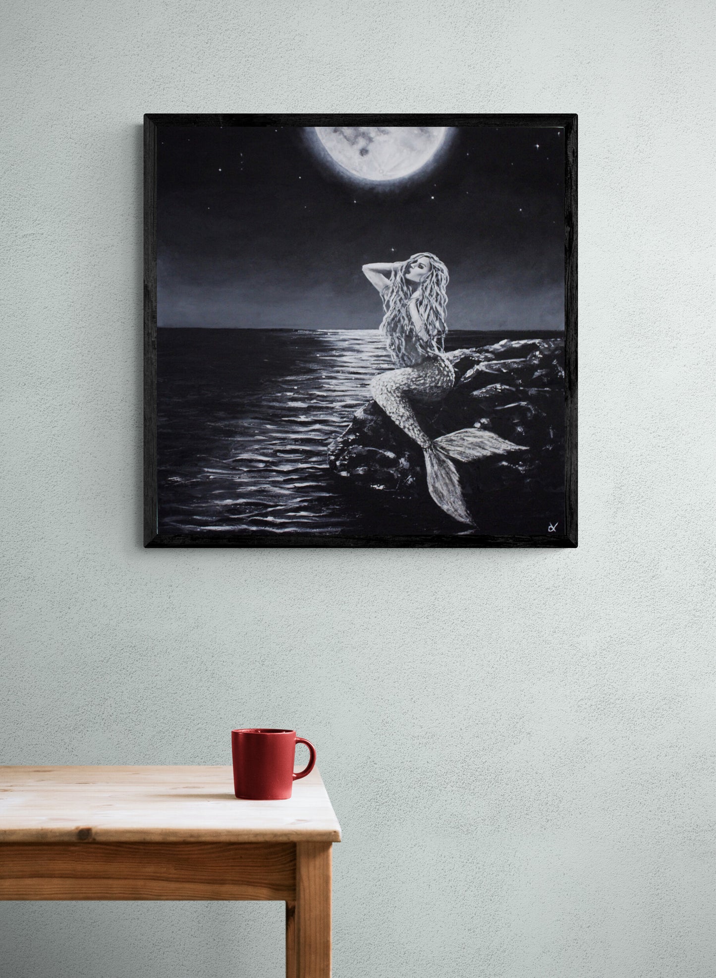 Fine Art Prints, "Believe" Female mermaid figure posed on rocks under moonlit sky, powerful mindfulness art prints