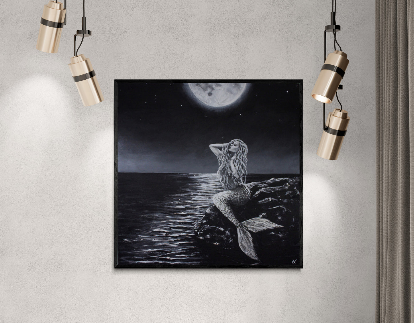 Fine Art Prints, "Believe" Female mermaid figure posed on rocks under moonlit sky, powerful mindfulness art prints