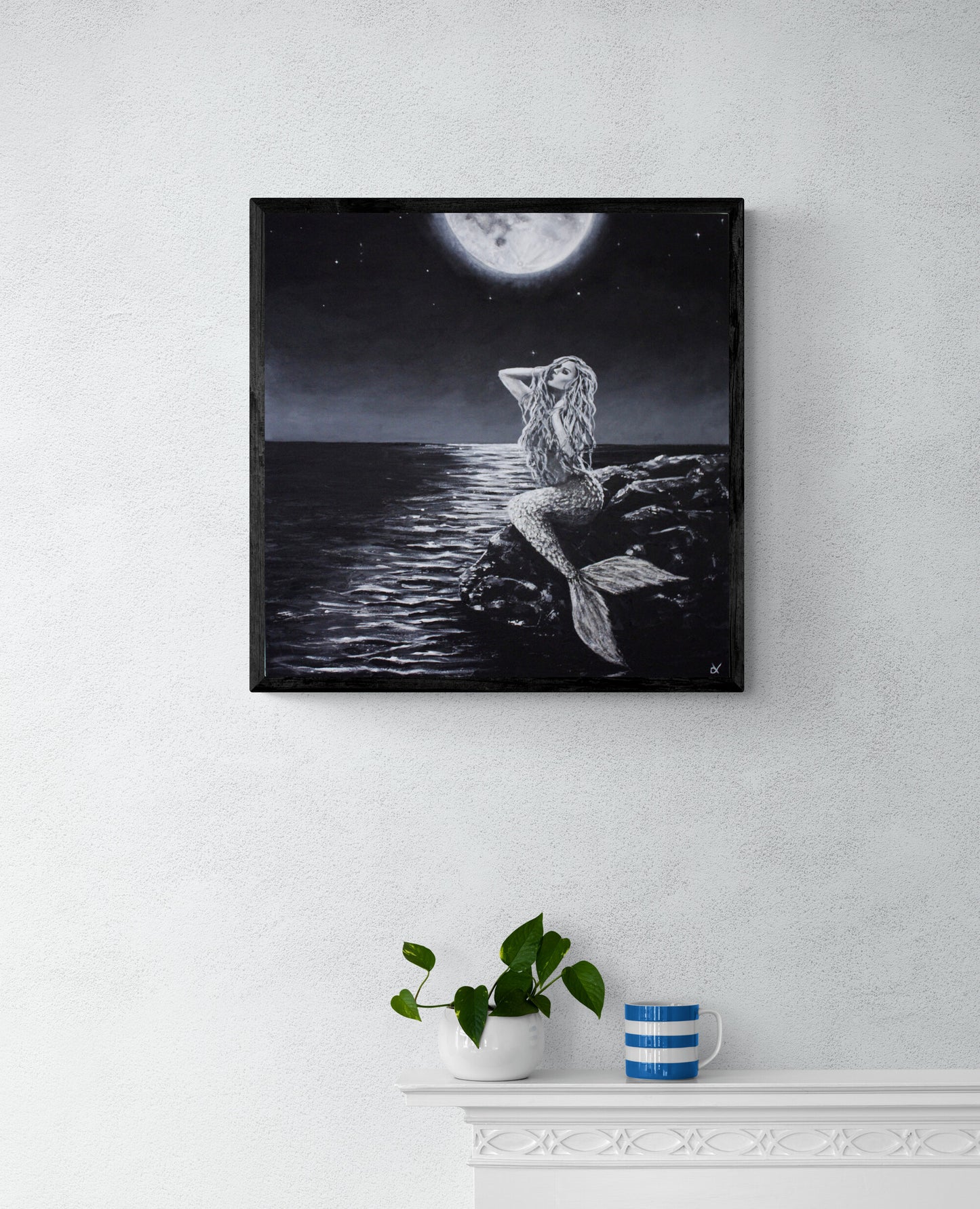 Fine Art Prints, "Believe" Female mermaid figure posed on rocks under moonlit sky, powerful mindfulness art prints