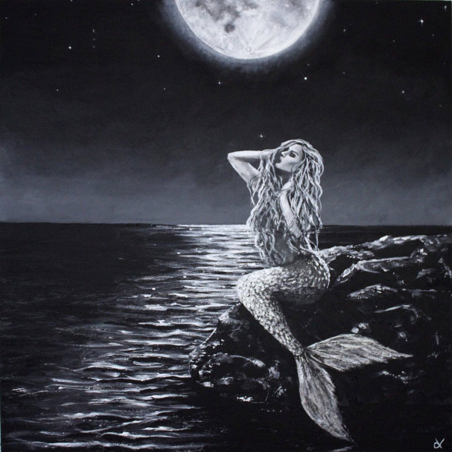 Fine Art Prints, "Believe" Female mermaid figure posed on rocks under moonlit sky, powerful mindfulness art prints