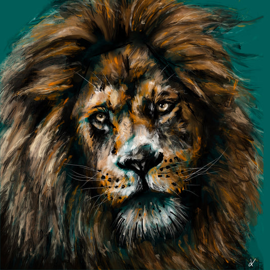 Fine Art Prints, "Bodhi" Lion art prints, Colourful and expressive Lion art Print with Teal background