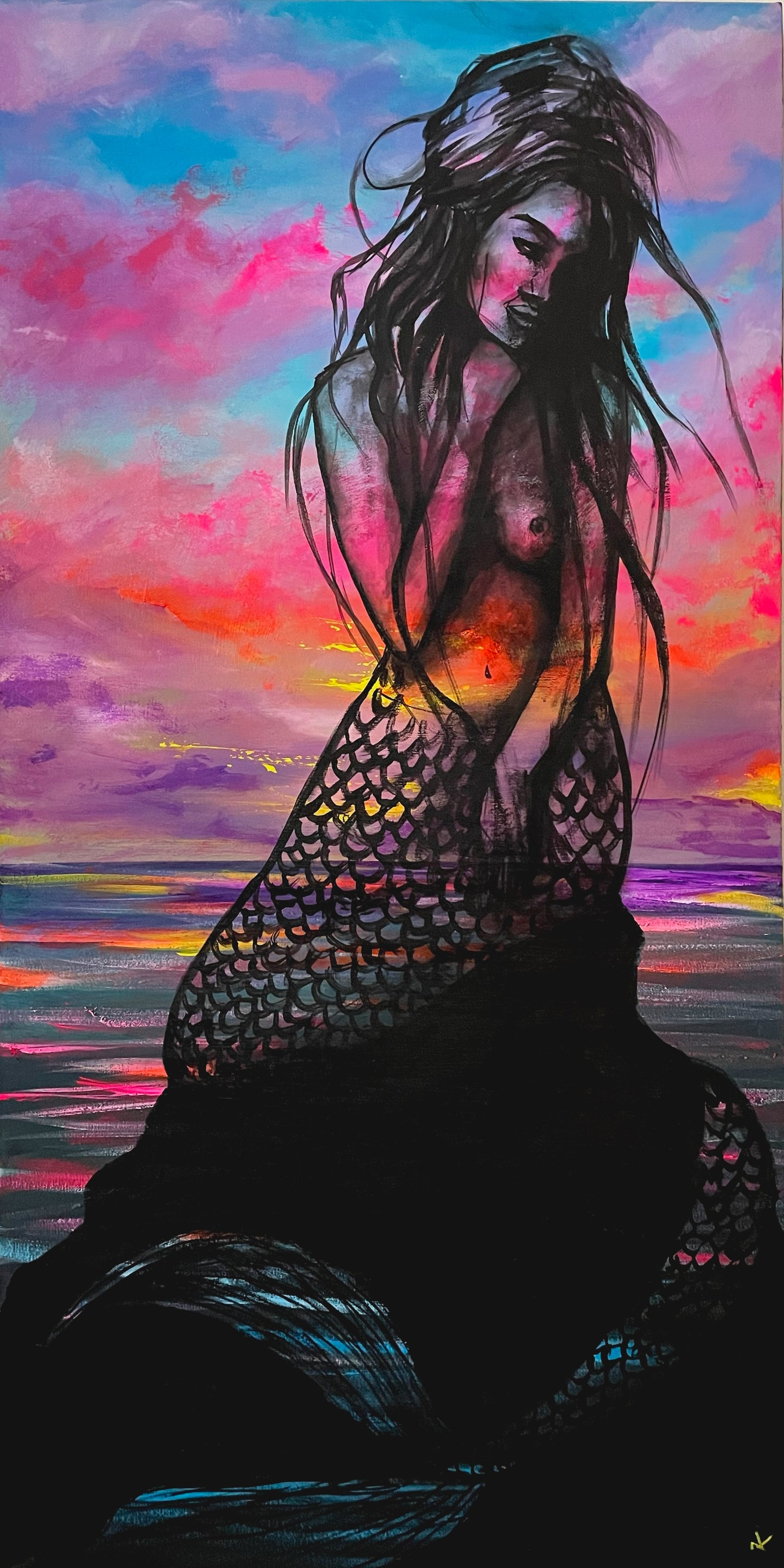 Fine Art Prints, "I Sit and Wonder" Transparent mermaid figure sat before a beautiful pink sunset