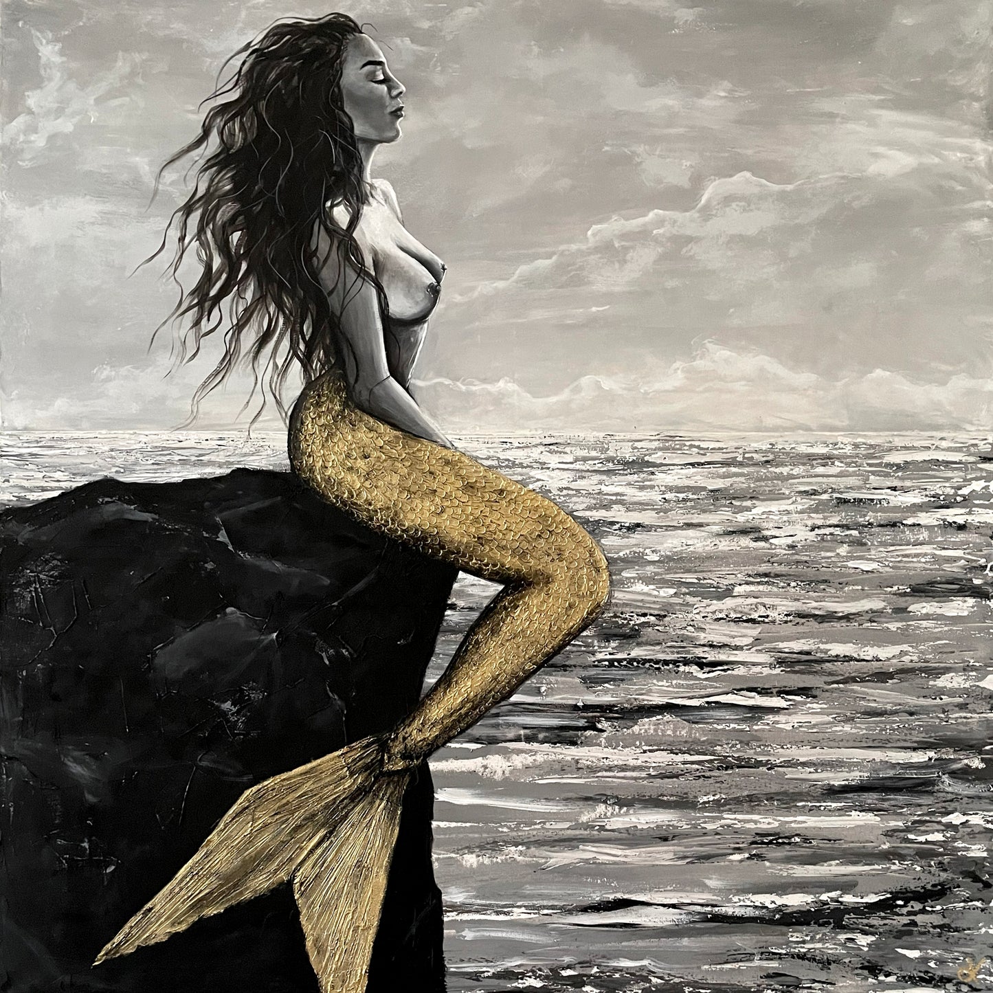 Fine Art Prints, "Presence" Female mermaid figure on rock looking out to sea