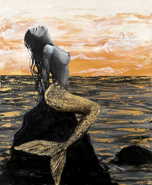 Fine Art Prints, "She Kissed the Sunset" Mermaid poised on rock enjoying a Golden sunset