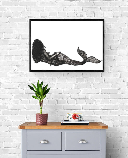 Fine Art Prints - Mermaid Art (signed Print) "She" - by Dawn Victoria. Ocean inspired art prints, female figure art, Mermaid drawing Nautical Art