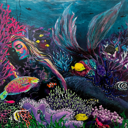 Fine Art Prints, "Whenever You're Ready" Female mermaid figure sleeping among colourful coral reef art prints