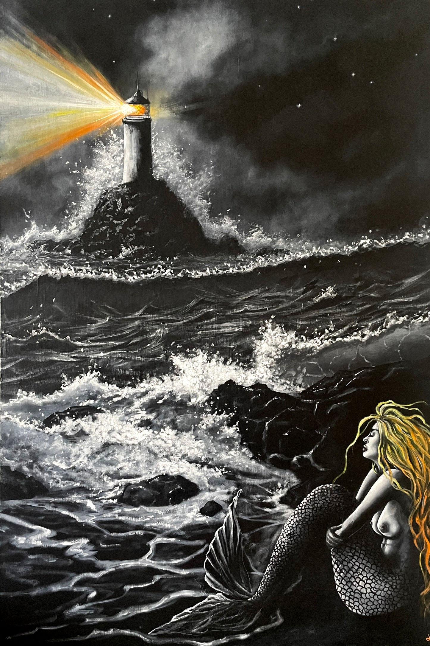 Fine Art Prints, "You Are The Light" Mermaid art prints with stormy seas and lighthouse scene