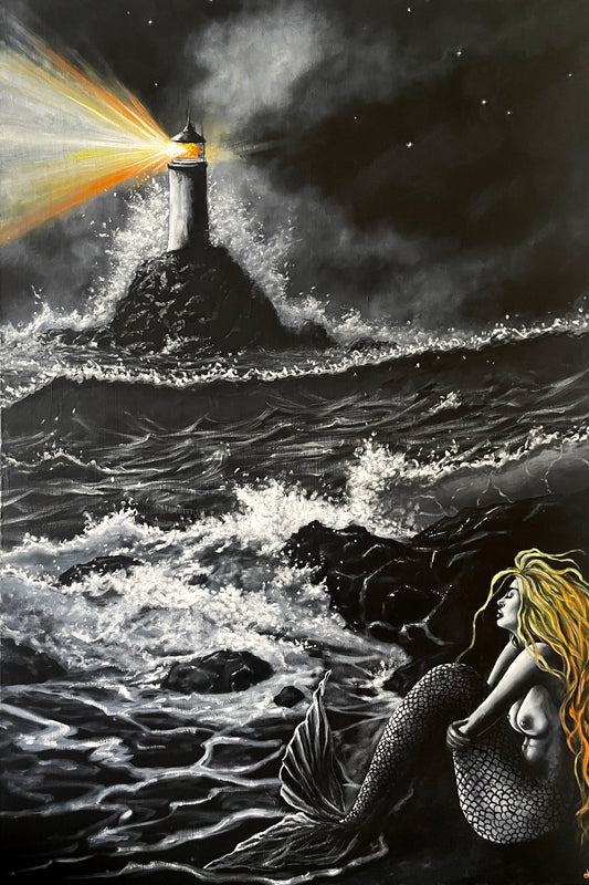 Fine Art Prints, "You Are The Light" Mermaid art prints with stormy seas and lighthouse scene