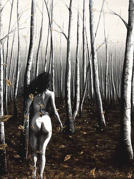 Fine Art Prints "Breathe" by Dawn Victoria, Giclee Prints - Naturist Nude female figure walking in forest, mental health, Woodland Trees