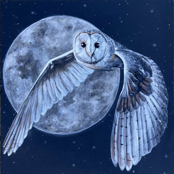 Fine Art Prints "Silence of the Night" Barn Owl painting with Moon Giclée Prints - Original artwork by Dawn Victoria, Owl art prints