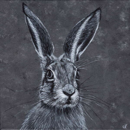 Fine Art Prints "Steady Hare" by Dawn Victoria, Grey hare portrait painting, contrasting on a metallic Grey background, Giclee Prints