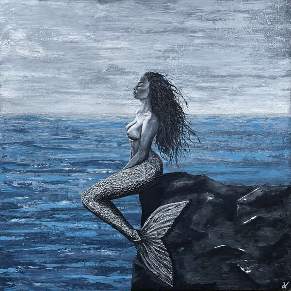 Fine Art Prints, "Here" Mermaid painting, Nude female mermaid figure posed on rocks looking out to sea, powerful mindfulness prints