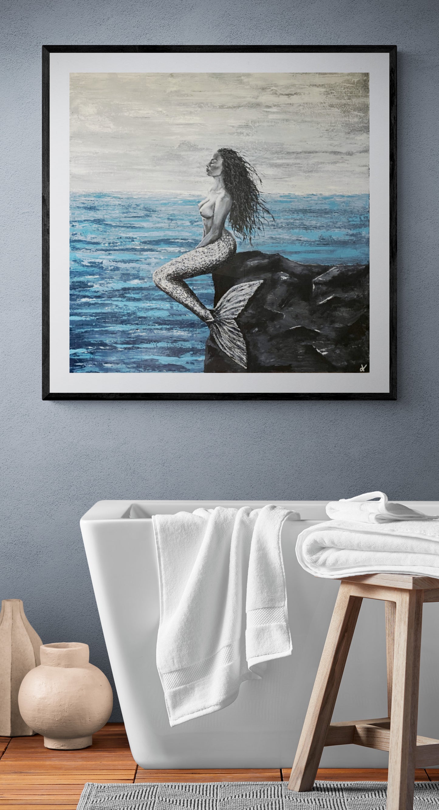 Fine Art Prints, "Here" Mermaid painting, Nude female mermaid figure posed on rocks looking out to sea, powerful mindfulness prints