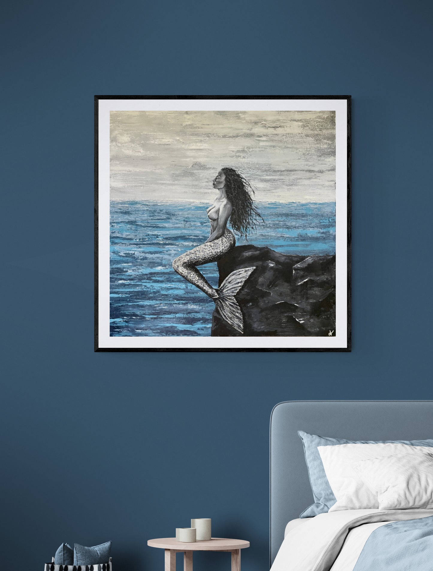 Fine Art Prints, "Here" Mermaid painting, Nude female mermaid figure posed on rocks looking out to sea, powerful mindfulness prints