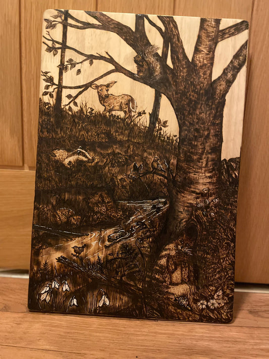 Woodland nature decorative art, hand burned pyrography art piece, luxury home decor, amazing art gifts