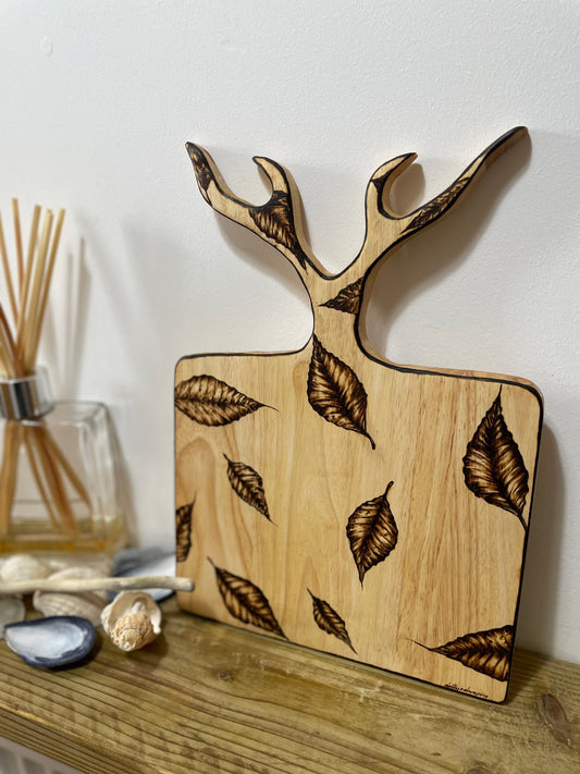 Stag antlers shaped serving board, leaf design chopping board, original hand drawn art, beech leaves, reclaimed beech chopping board, autumn