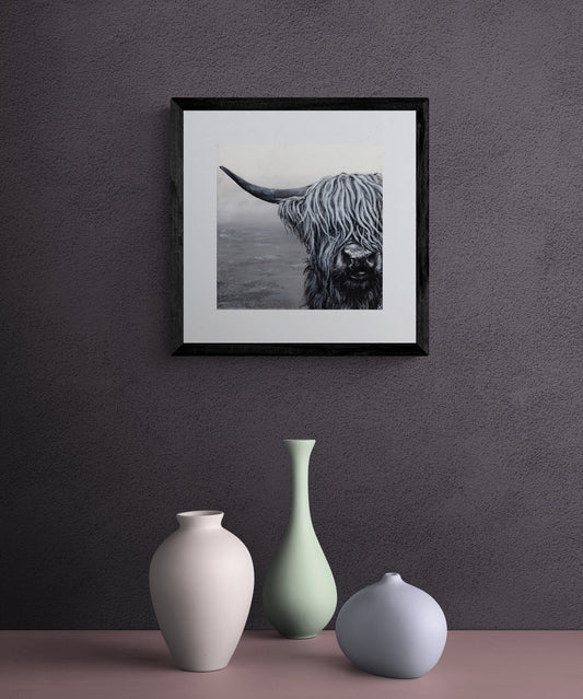 Highland Cow Square Art Prints, "Martha" painting by Cornwall Artist, Black and White Highland Cattle Lovers, Highland Coos, Gallery wall