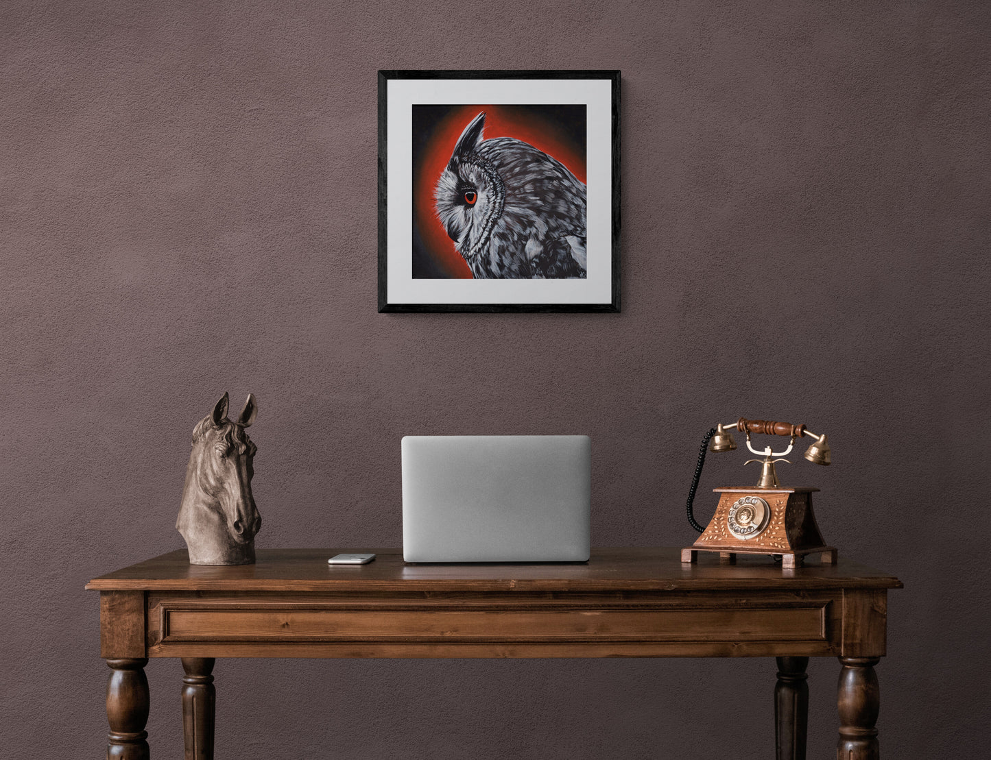 Fine Art Prints "Owlbert" Long eared Owl painting by Dawn Victoria, side profile Owls eye, bird of prey closeup art