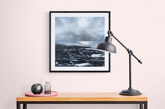 Fine Art Prints "Reflecting at Dawn" - Seascape Painting at sunrise, a rocky coastal scene with the sea reflecting the morning sun