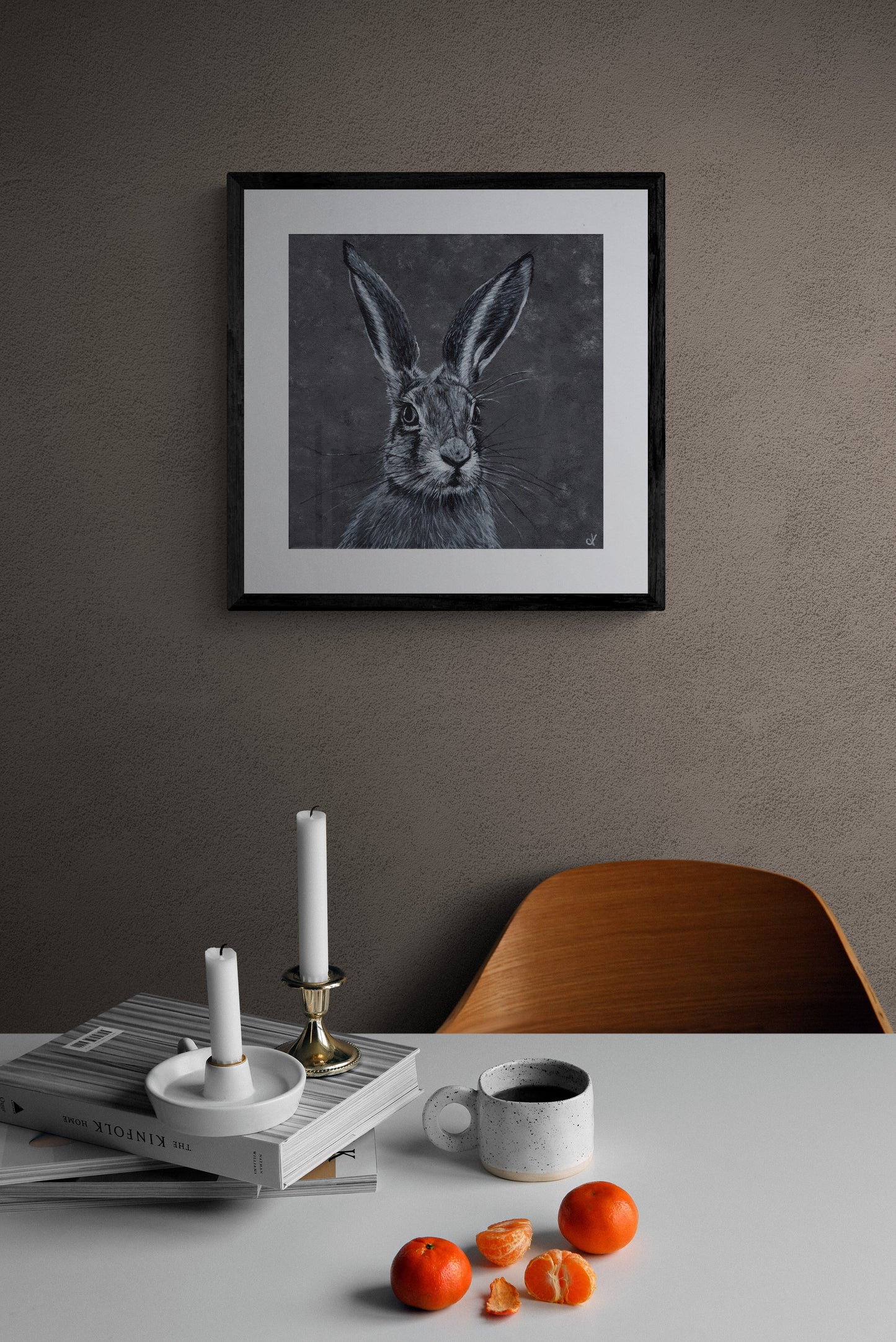 Fine Art Prints "Steady Hare" by Dawn Victoria, Grey hare portrait painting, contrasting on a metallic Grey background, Giclee Prints