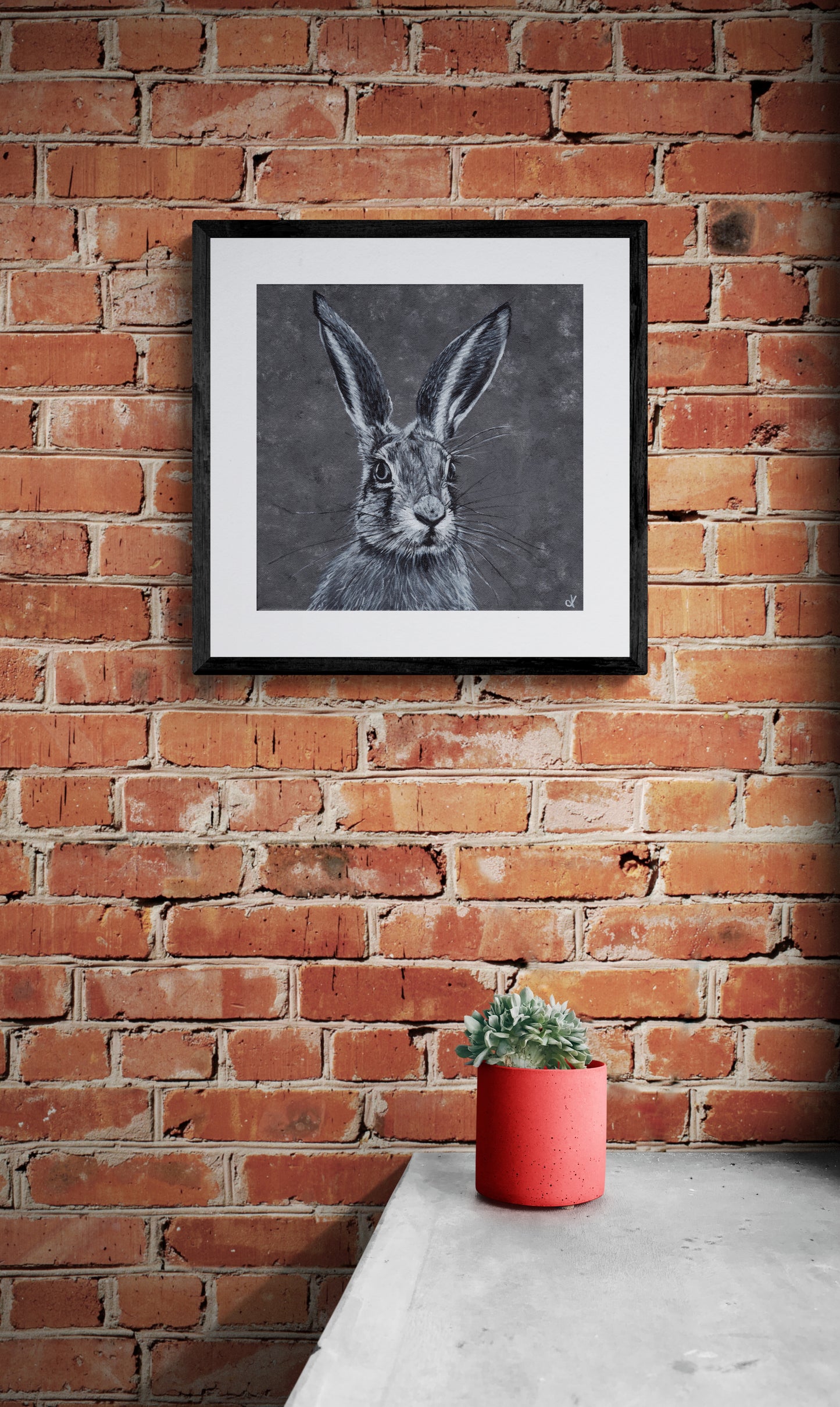 Fine Art Prints "Steady Hare" by Dawn Victoria, Grey hare portrait painting, contrasting on a metallic Grey background, Giclee Prints