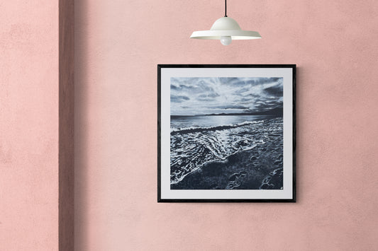 Fine Art Prints "When Your Day is Long" High contrast Beach Seascape painting, cloudy sky and atmospheric shadows, footprints in the sand